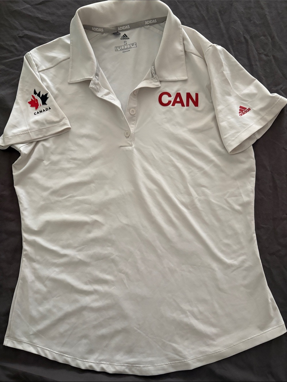 adidas Team Canada Golf White Polo Shirt with Red CAN and Canada Logo